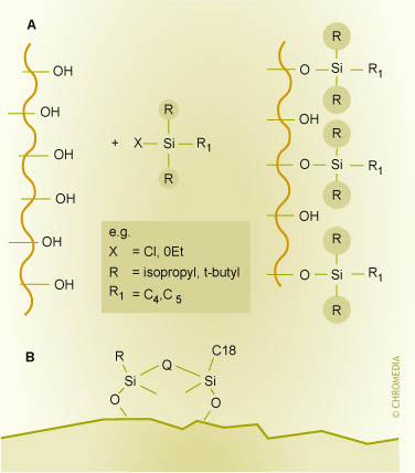 A (Top of figure) = synthesis of a sterically protected or bulky phase; B (Bottom part of figure) = bidentate attached phase.